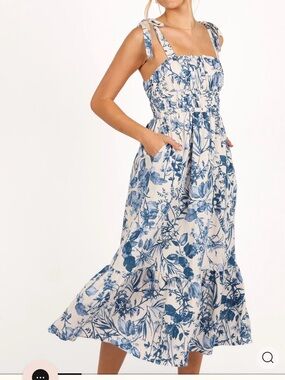 Tie-Shoulder Midi Dress in Blue Floral